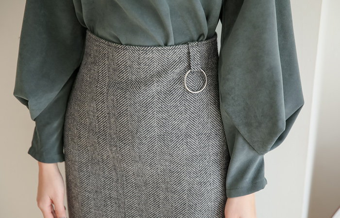 Herringbone Ring Point Wool Midi Skirt
