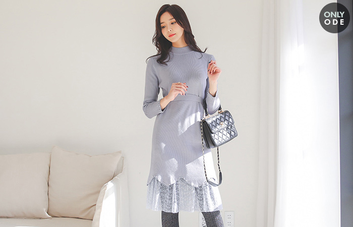 Wave Pearl Line Race Knit Dress