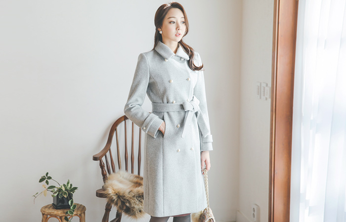 feminine imitation pearl double Wool Long coat