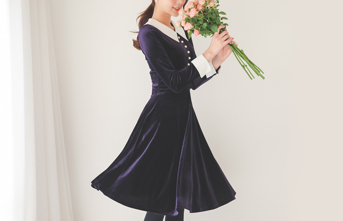 Pointed pearl Velvet Shearing Dress