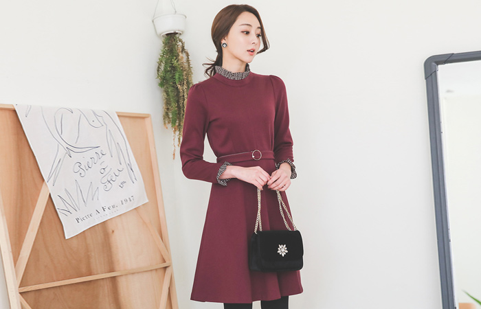 Check Frill Trimming Pearl Ring Belt Dress