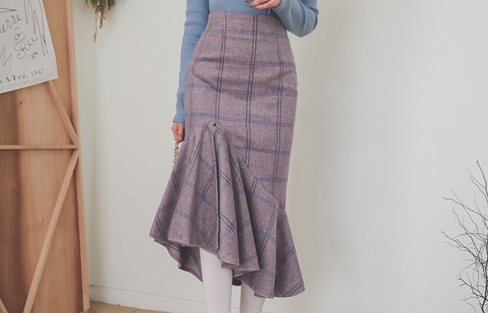 Deep Slit Wool Check Mermaid Skirt