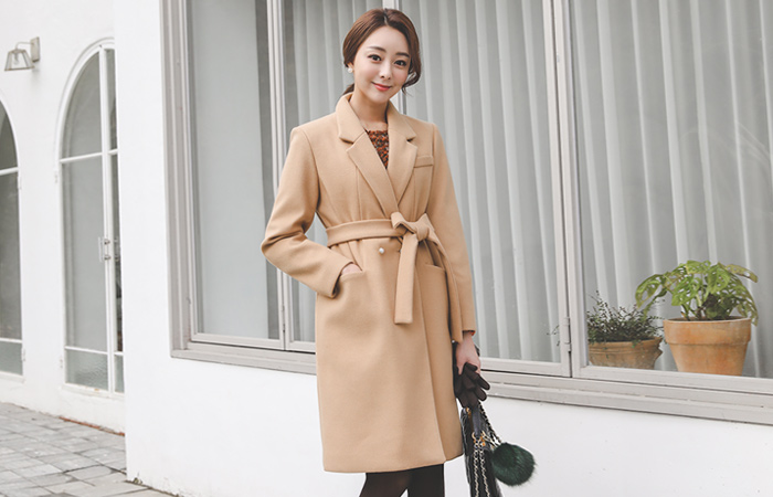 Mini pearl Belted quilting wool coat