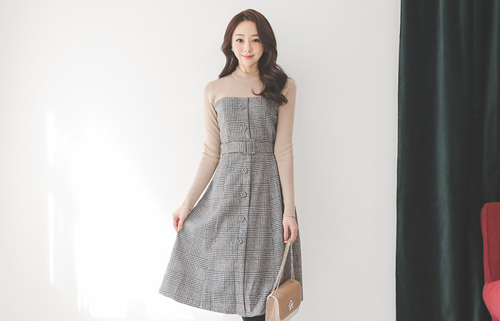 Knit top layered Check Flare Long Dress