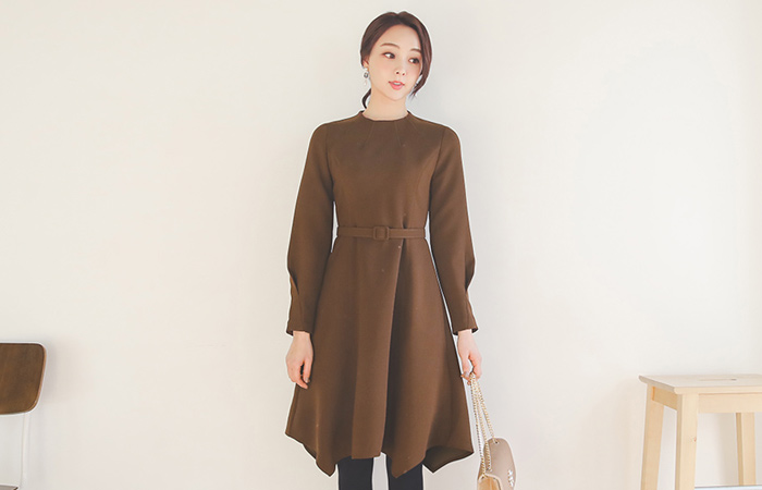 Funnel Neckline Belt Flare Dress