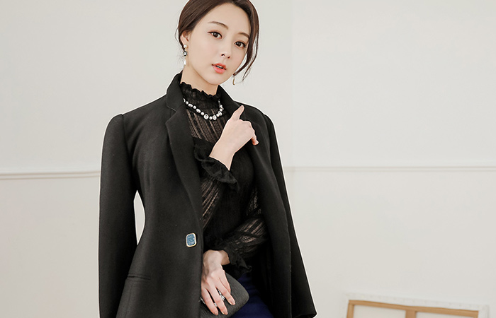 Unique Jewel Button Edge Shoulder Wool Jacket