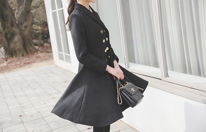 Shawl Gold Double-button Flared Wool Coat