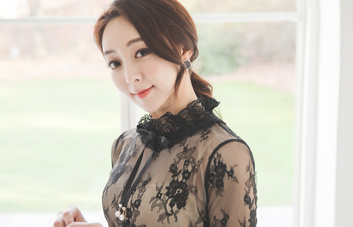 See-through Flower Lace High-Neck Blouse