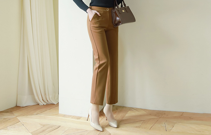 Gold Ring Button Back Banding Fleece Span Slacks