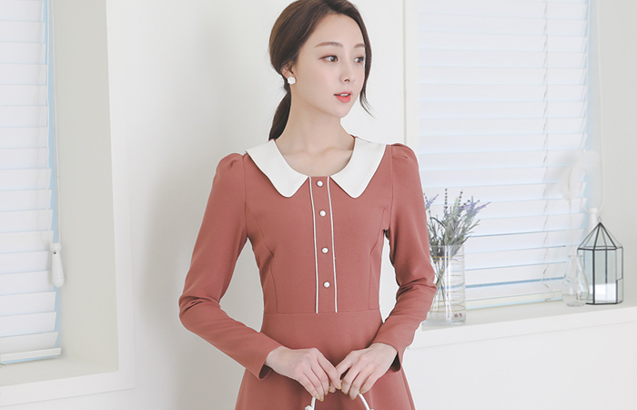 Piping Color Scheme Collar Flared Dress