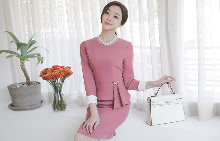 Tulle Pearl-Deco Peplum Colored-Sleeves Dress
