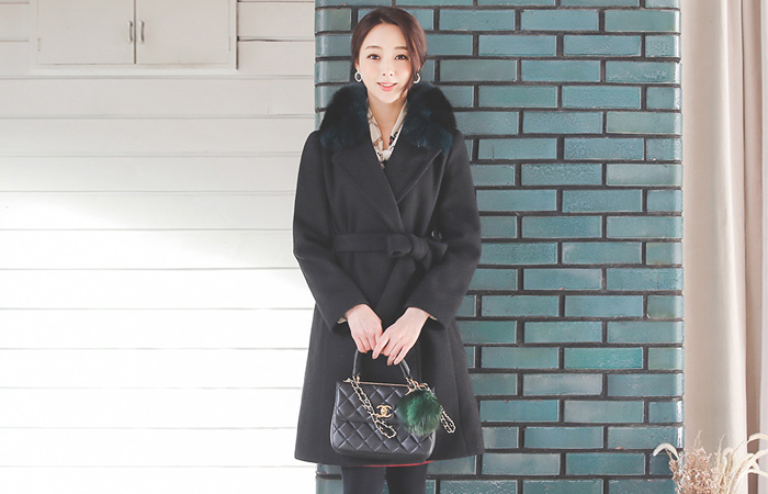 Real Fox Fur muffler Belted Wool Coat