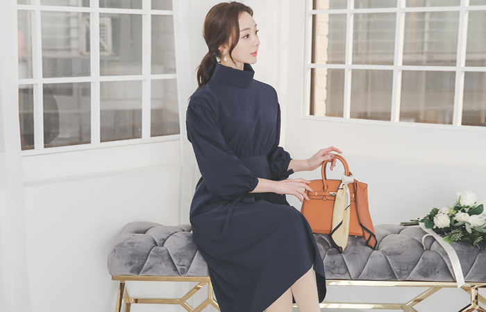 two-way Collar Shirring Puff Flared Dress