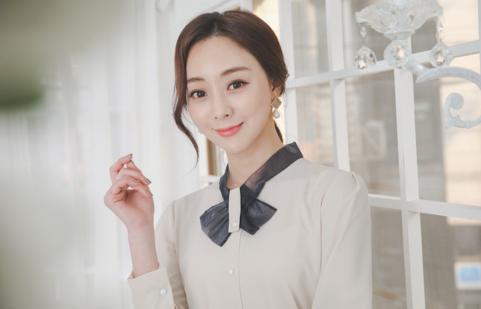 Organza Tie Pearl Buttons Blouse