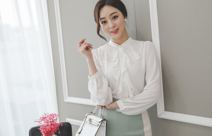 Pleats Frill Soutien Collar Blouse