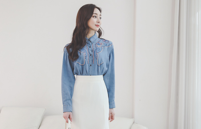 Color Combination Floral Antique Embroidery Denim Shirt