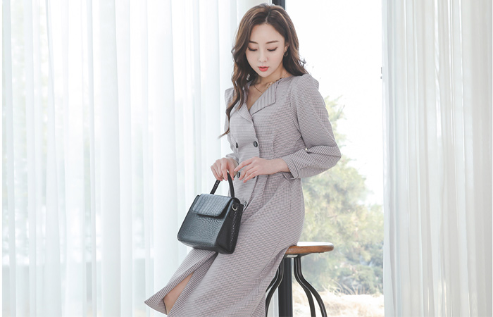 Color Hound's-Tooth Puff Double Dress