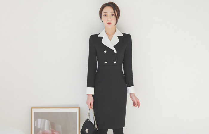 Square Button Double Collar Color Combination Dress