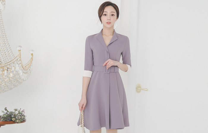 Wing Collar Belted Colored-Sleeves Flared Dress