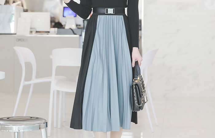 Two Tone Color Combination Banding Pleats Rong Skirt