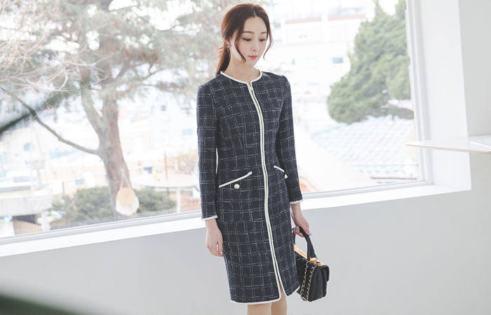 Bias Tweed Ring-Belt Zipper Dress