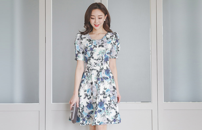 Blue-Rose Patterns Square Neck Flared Dress