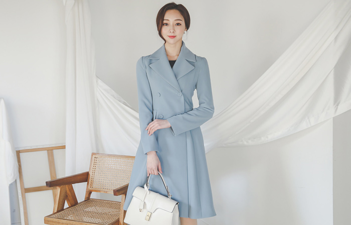 Big Collar Fake Cutting Pocket Double Span Long Jacket