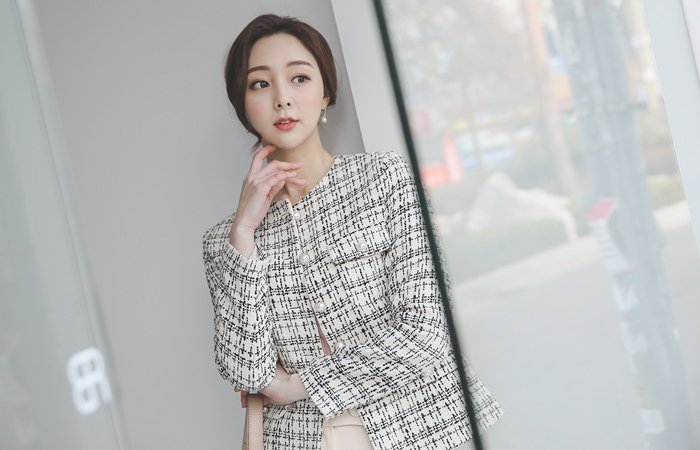 Gold-Ring Pearl Basket Check Tweed Jacket