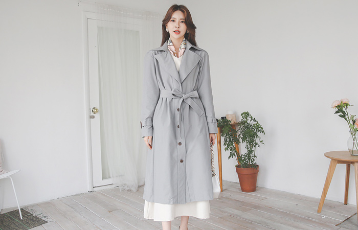 Single Bag Gather Shirring Flared Trench Coat