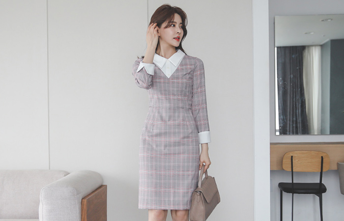 Plaid Check Collar Color matching Dress