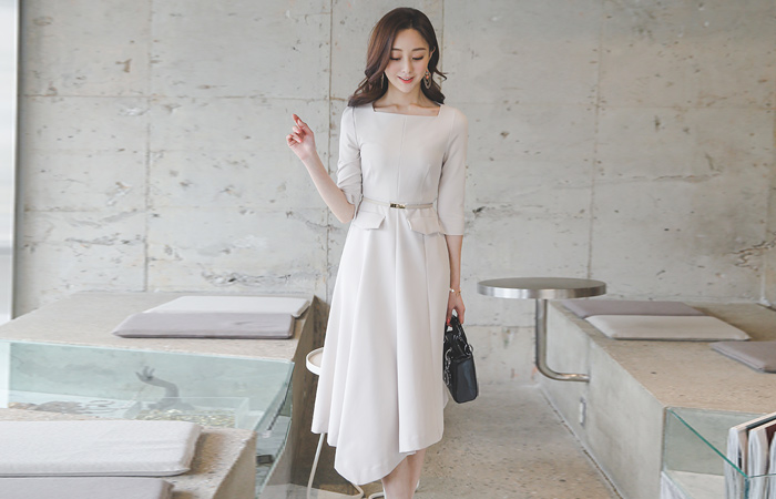 Square Neck Flap Pocket Unbalance Flared Dress