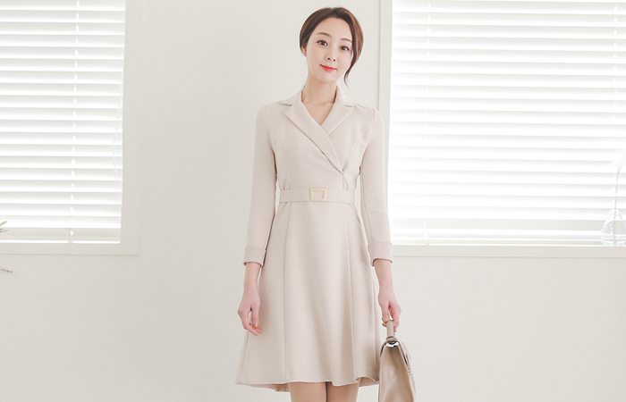 Gold Square Belt Collar Flared Dress
