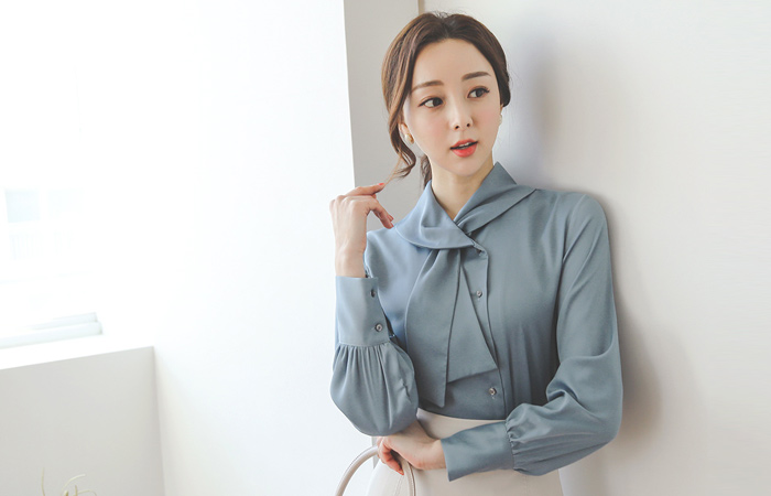 Satin Shawl Collar Scarf-Neck Blouse