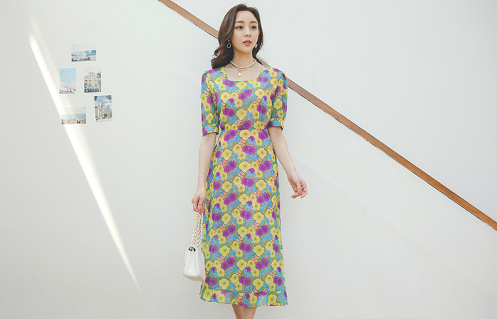 Rossie Daisy Square Neck Chiffon Long Dress