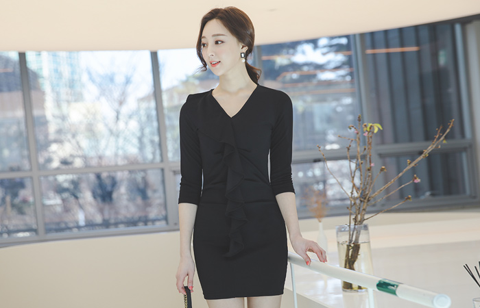 Flounce Frill V-neck Span Mini Dress