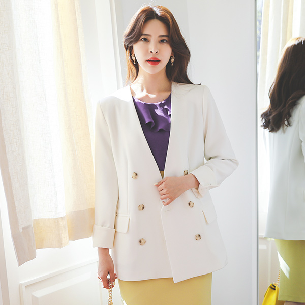 Modern Chic Double-button Boxy No-collar Jacket