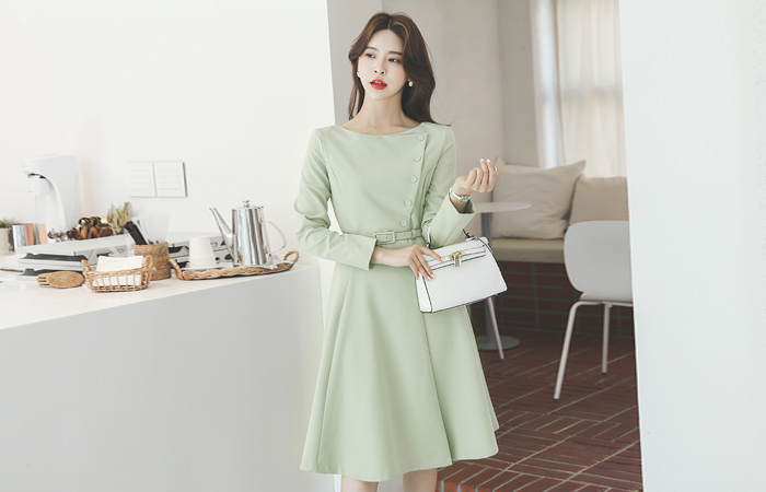Lady Boat Neck Side Button Flared Dress
