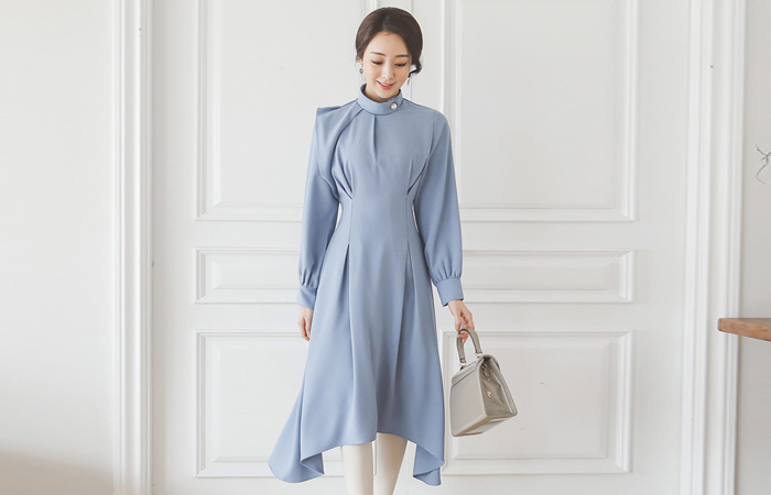 Pearl Collar Unbalance Pintuck Flared Dress