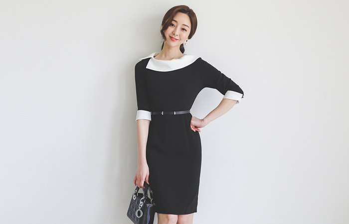 Unbalance Flat Collar Colored-Sleeves Belted Dress