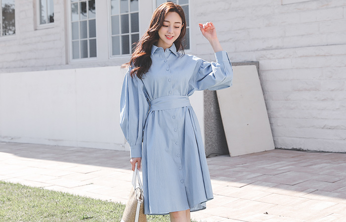 Cotton Denim Puff Flared Dress