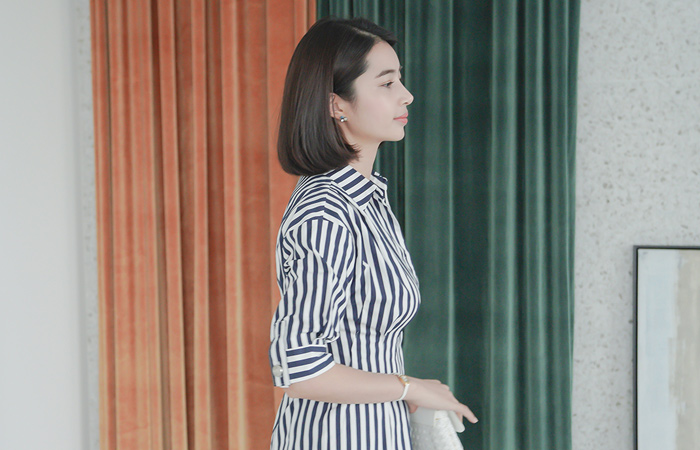 Volume pin tuck Stripe Shirt Dress