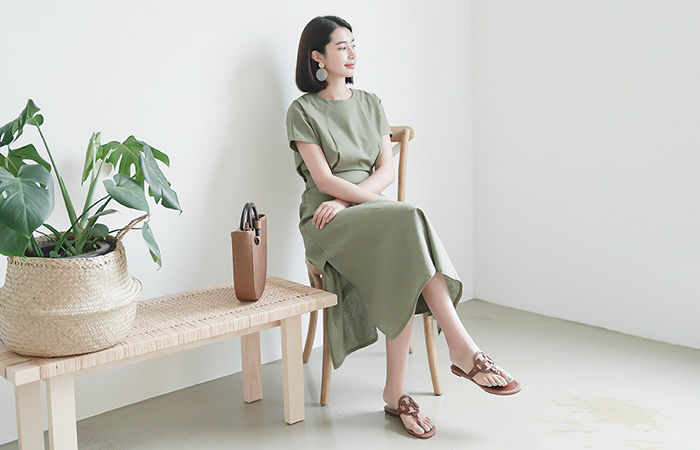 Back Belted Slit Linen Long one piece