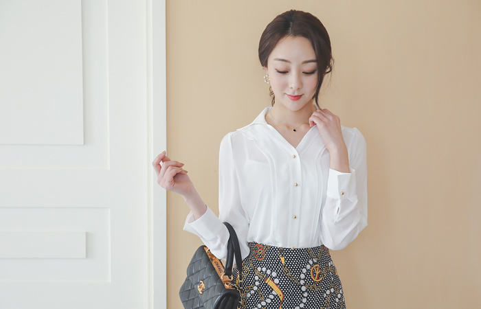 V-neck Gold Button Double Line Blouse