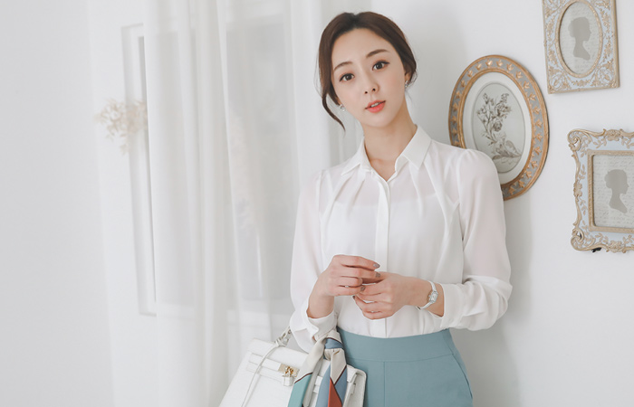 Pintuck Collar Shirt Hidden Line Blouse