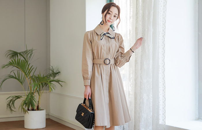 Classic Yoke Shirring Shirt Flared Dress