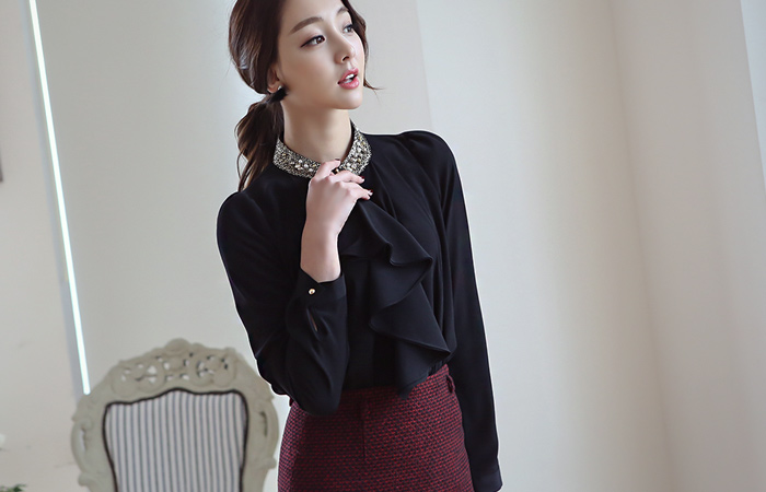 Bling Jewelry Neck Ruffle Blouse