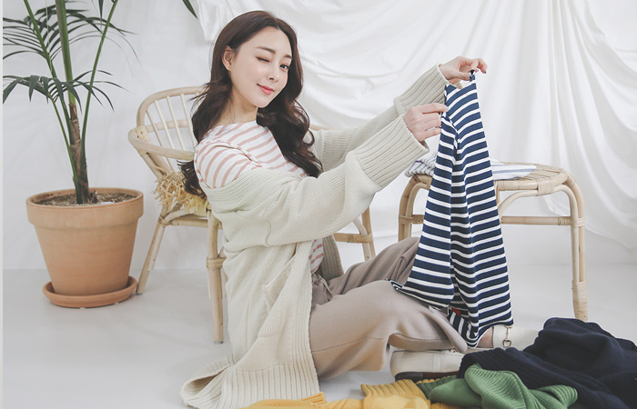 Bold Banding Back-Cutting Knit Long Cardigan