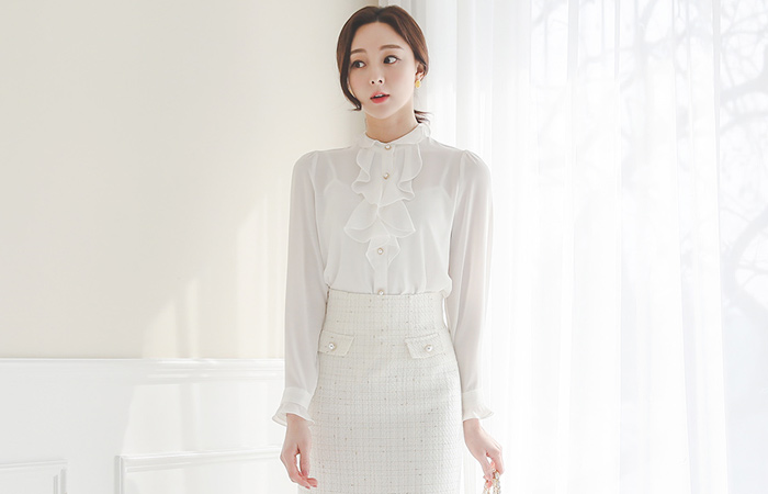 Cascading Ruffle Pearl Buttons Blouse