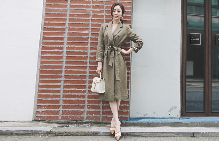 Linen Double Button Belted Long Jacket