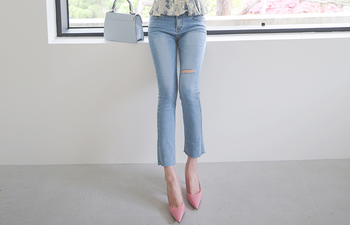 Stretchy-Waist Light-Blue Cutting Slim Fit Denim